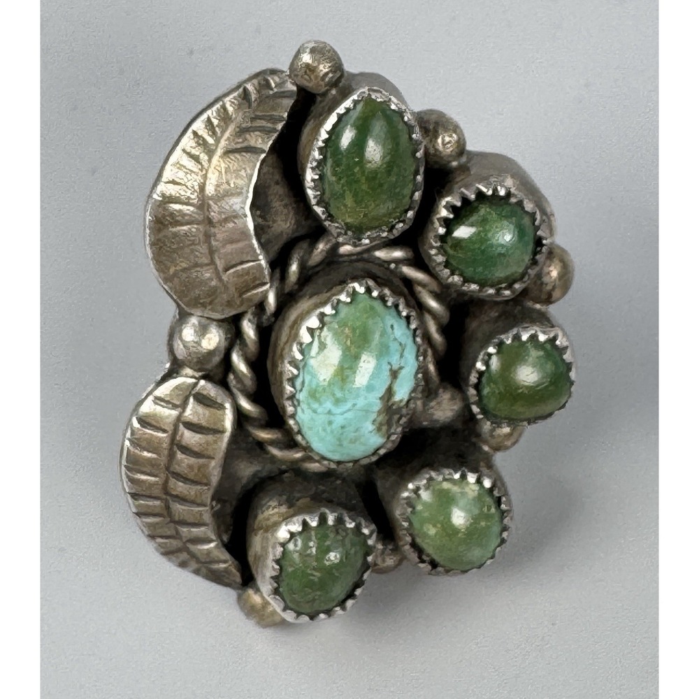 Navajo Sterling Silver Green Turquoise 6 Stone Leaf Ring Sz 9.25 18.5g Vintage